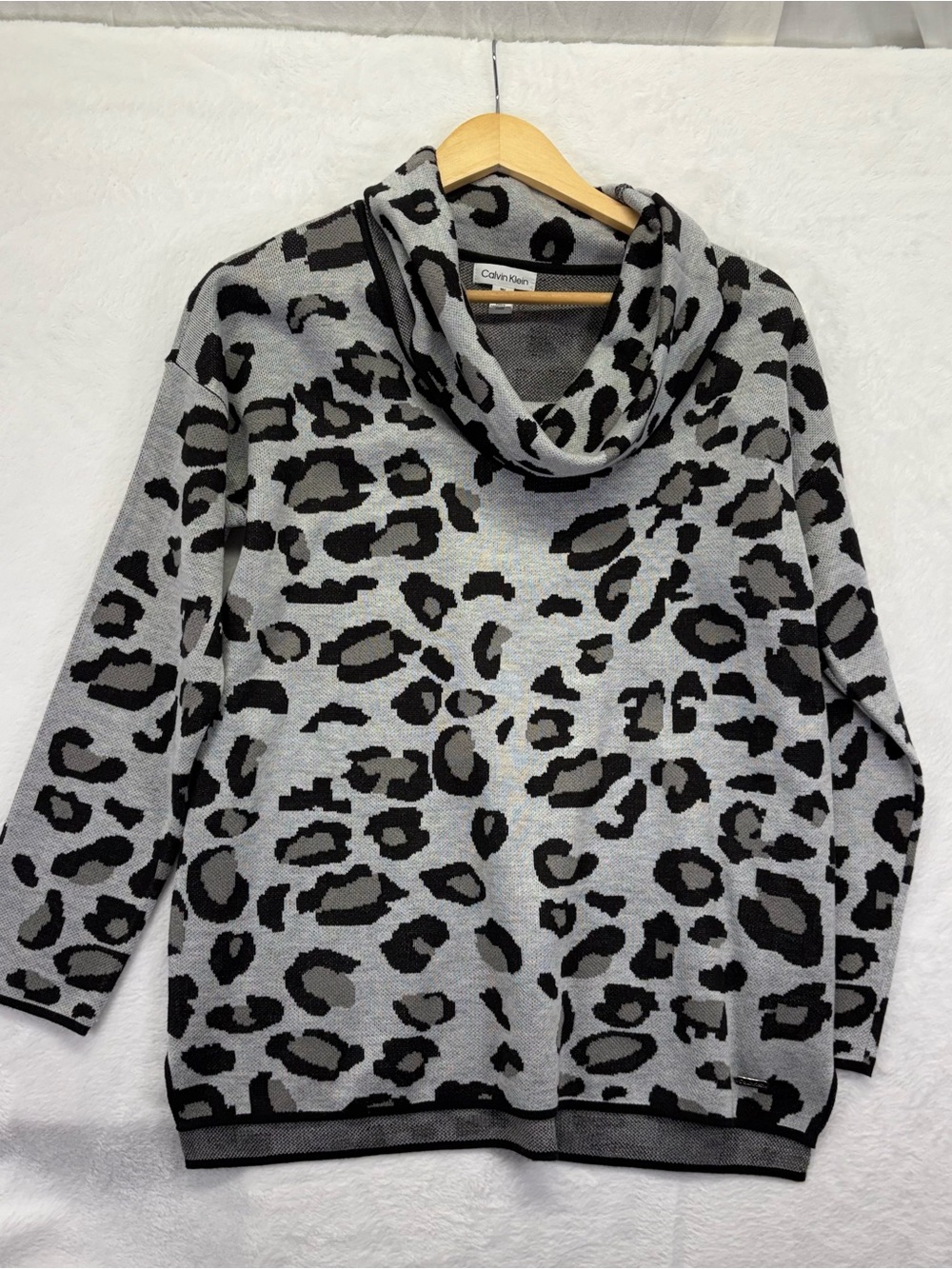 Calvin Klein Gray and Black Leopard Cowl Neck Sweater